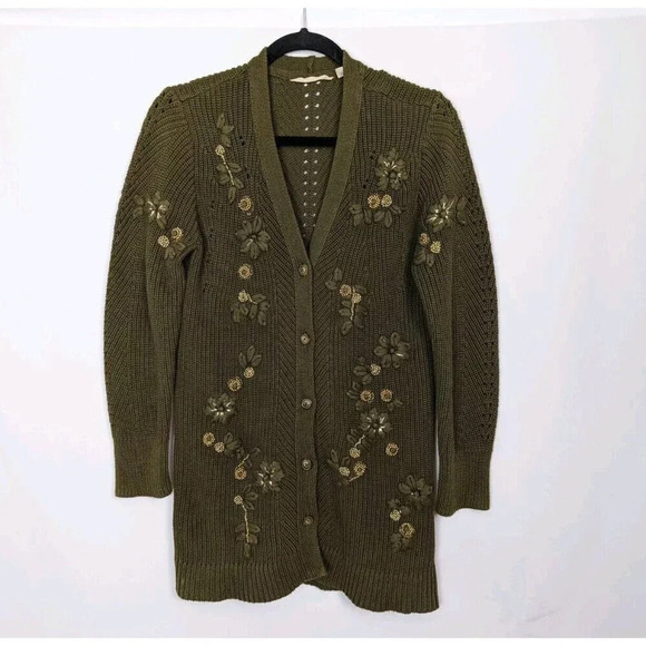 SOFT SURROUNDINGS M Green Embroidered Bead 3D Floral Cardigan Sweater Jacket - Picture 2 of 16